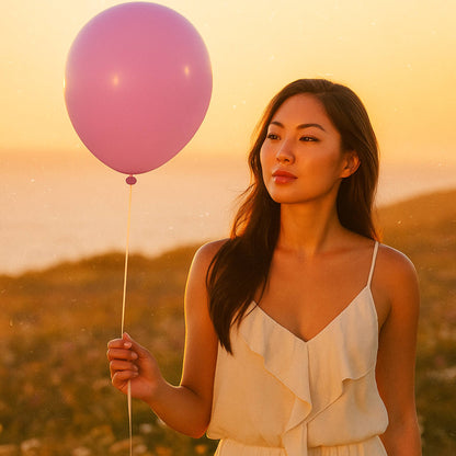Woman holding a pink balloon against a sunset sky
