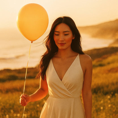 Woman in a white dress holding a yellow balloon in a field at sunset
