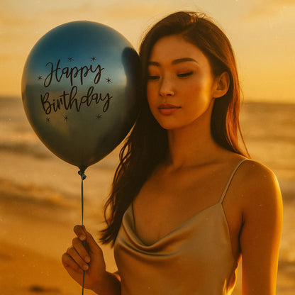 Woman holding 11 inch helium 'Happy Birthday' balloon on a beach at sunset