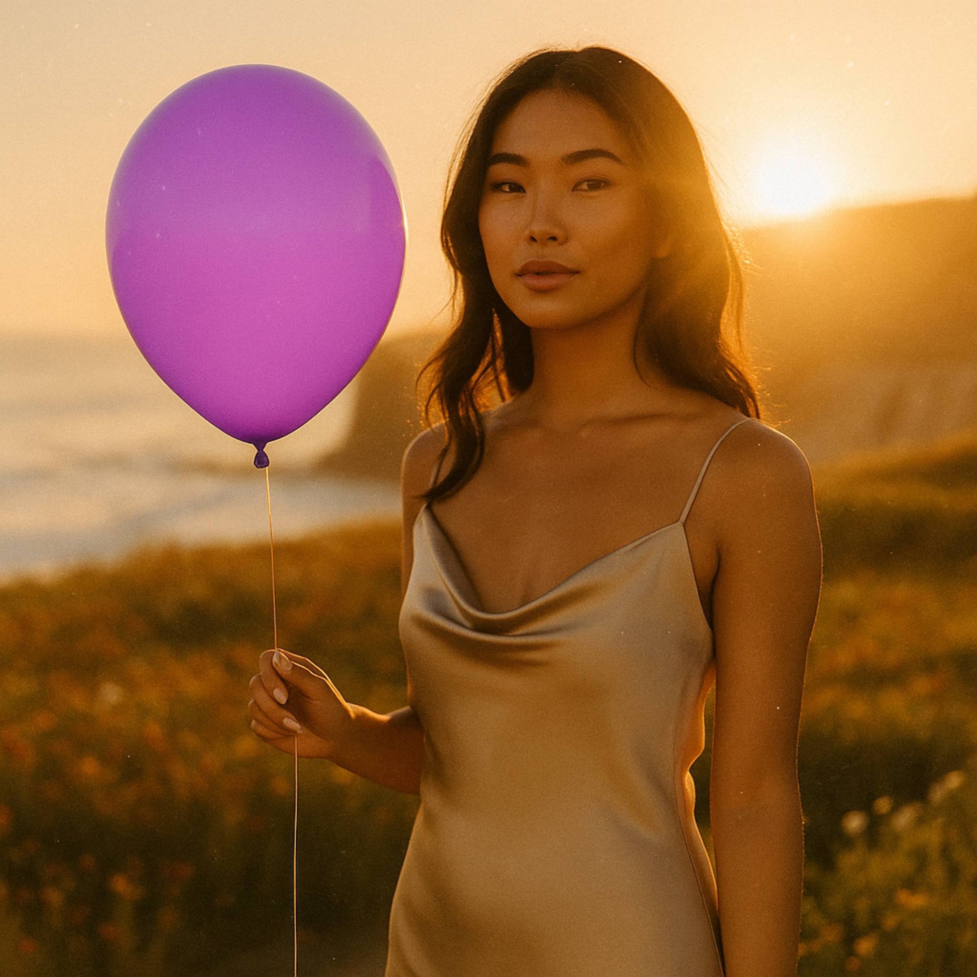 Woman holding a purple 11 inch helium balloon against a sunset backdrop