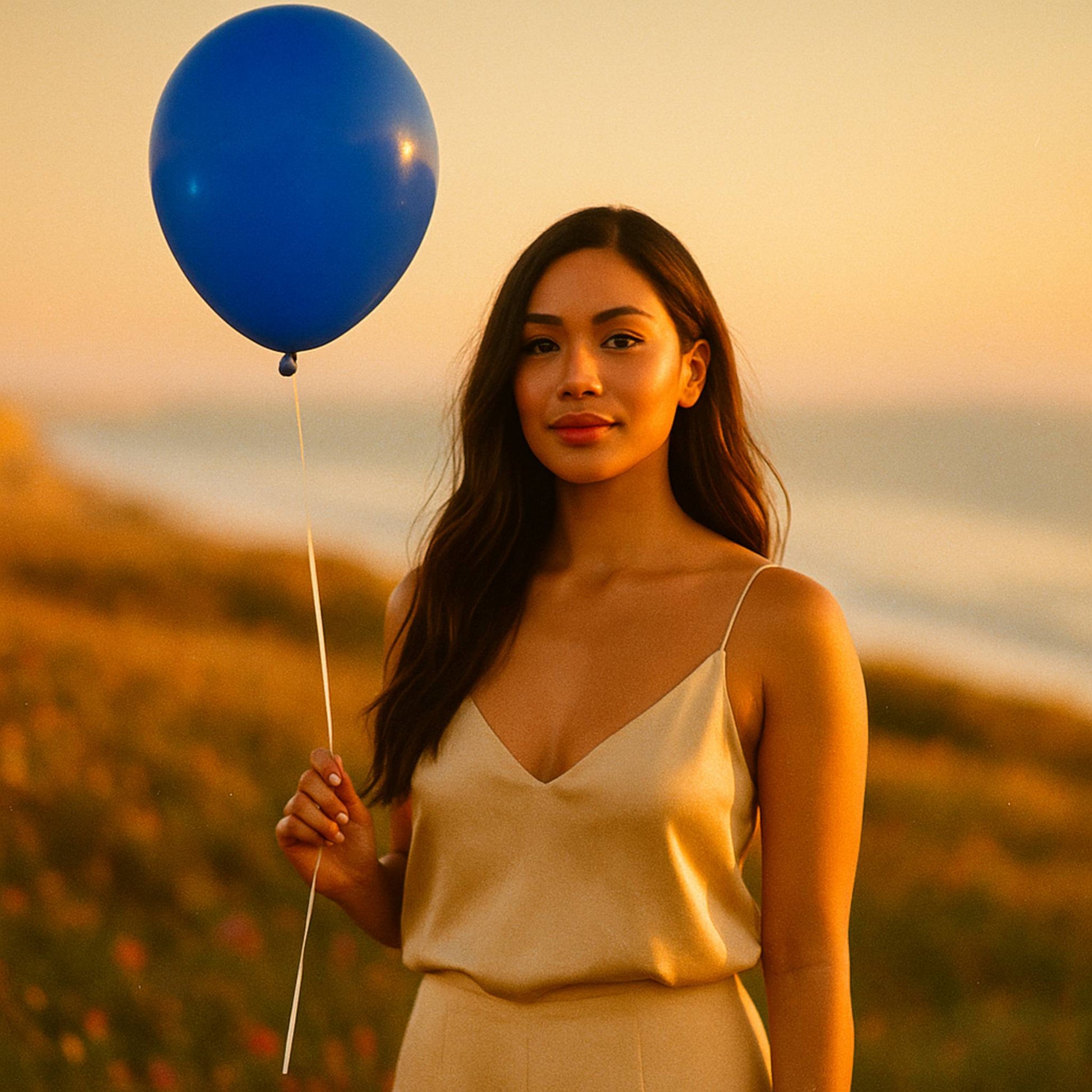 Woman holding a blue balloon against a sunset backdrop