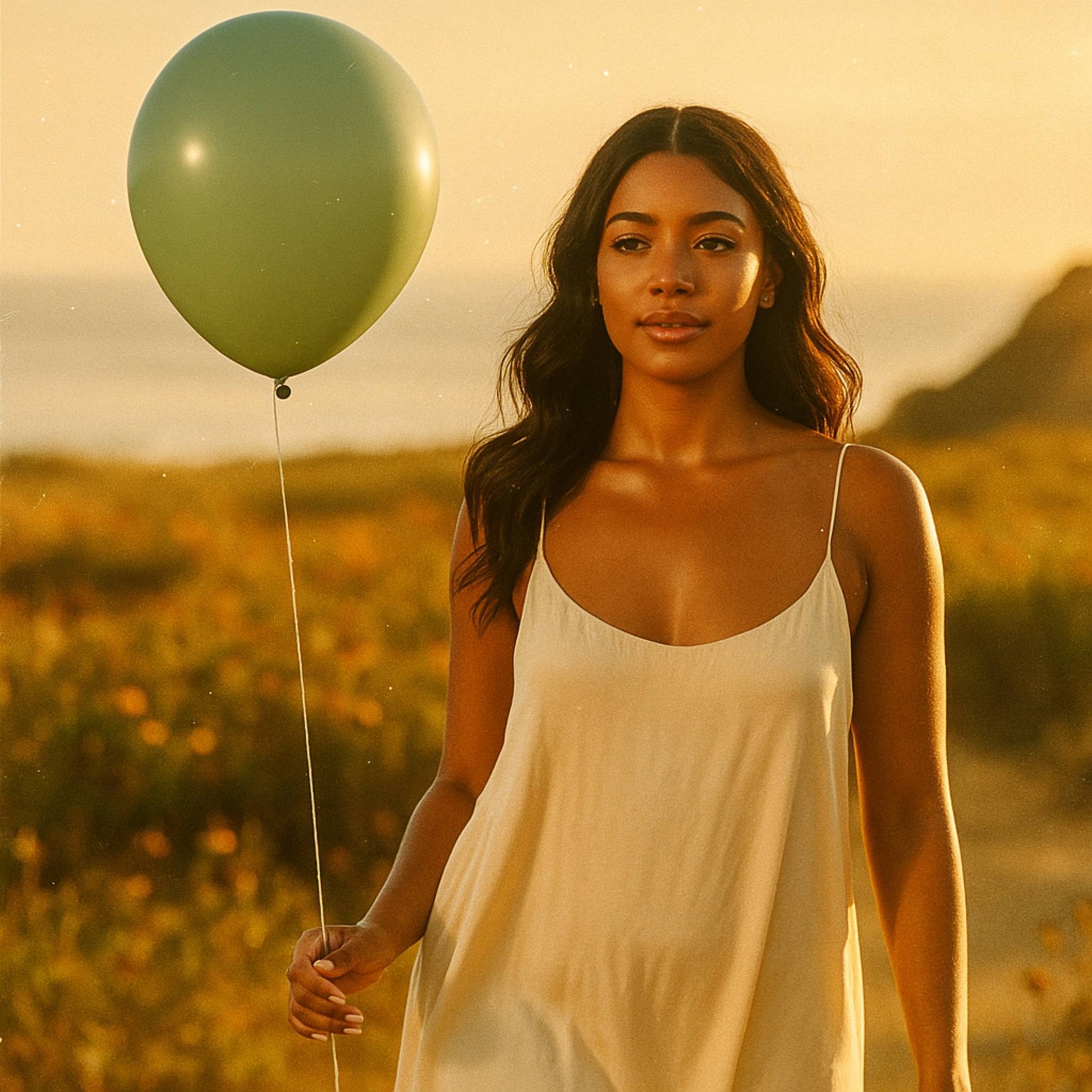 Woman holding a green balloon in a field at sunset