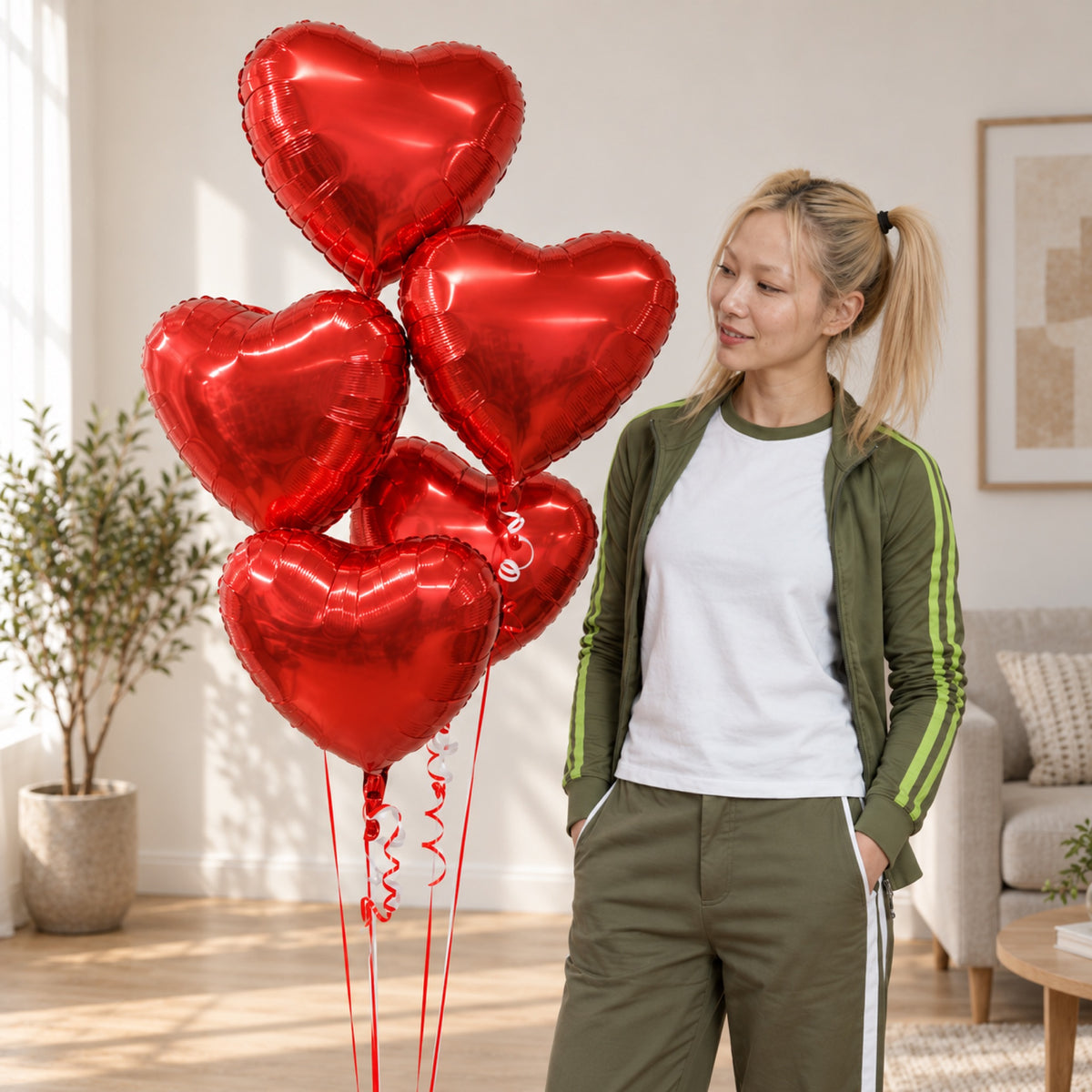 five red foil heart bouquet woman smiles