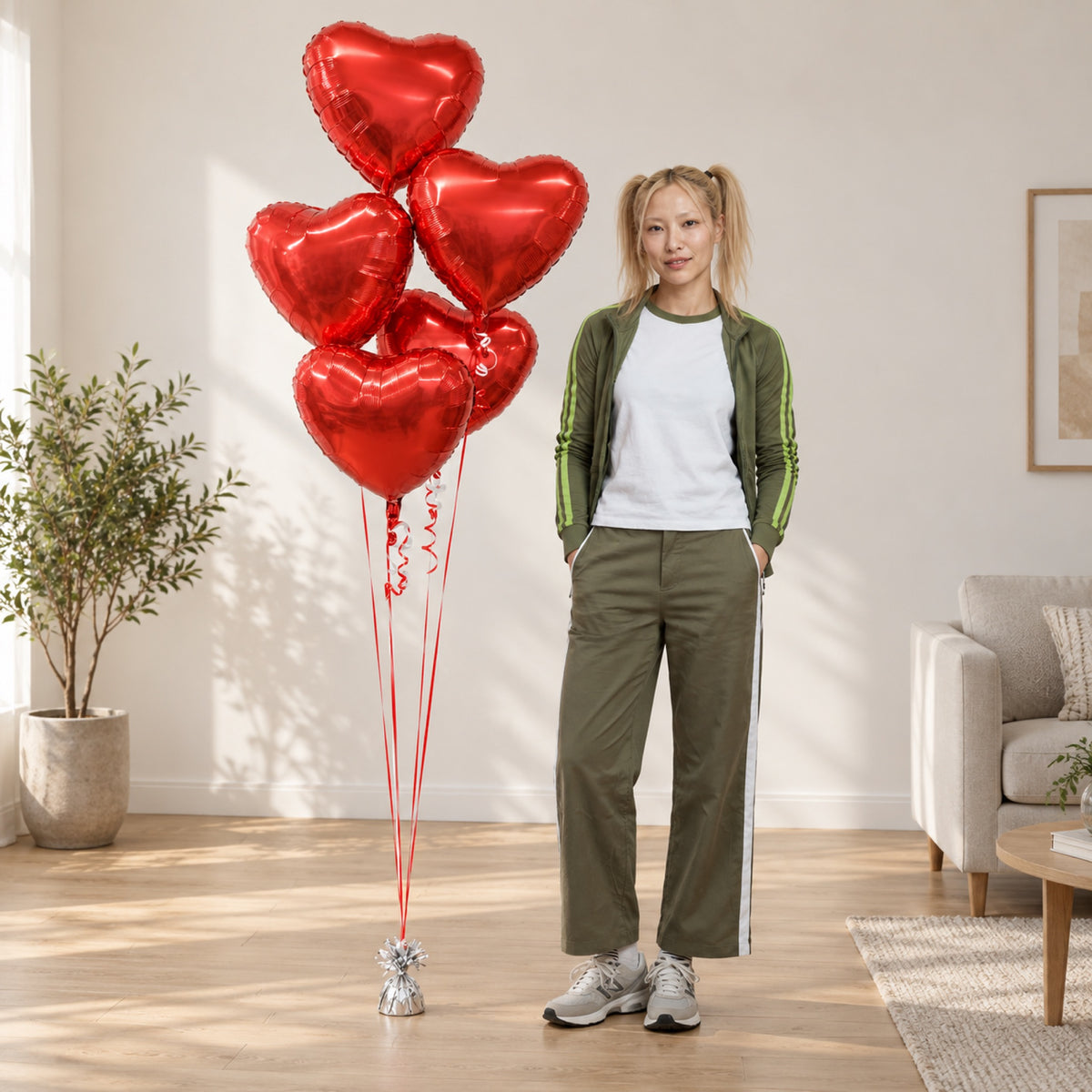 five red foil heart bouquet woman pose in house wood floors