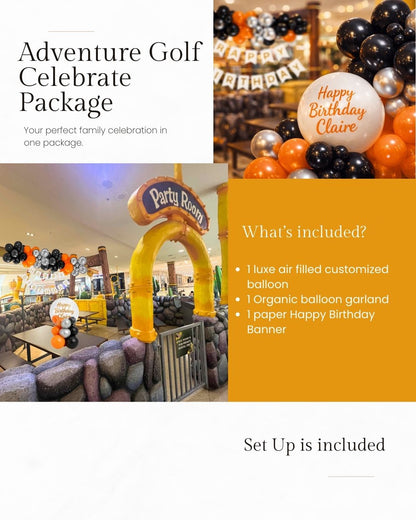 Advertisement for Adventure Golf Celebrate Package with balloons and party room setup.