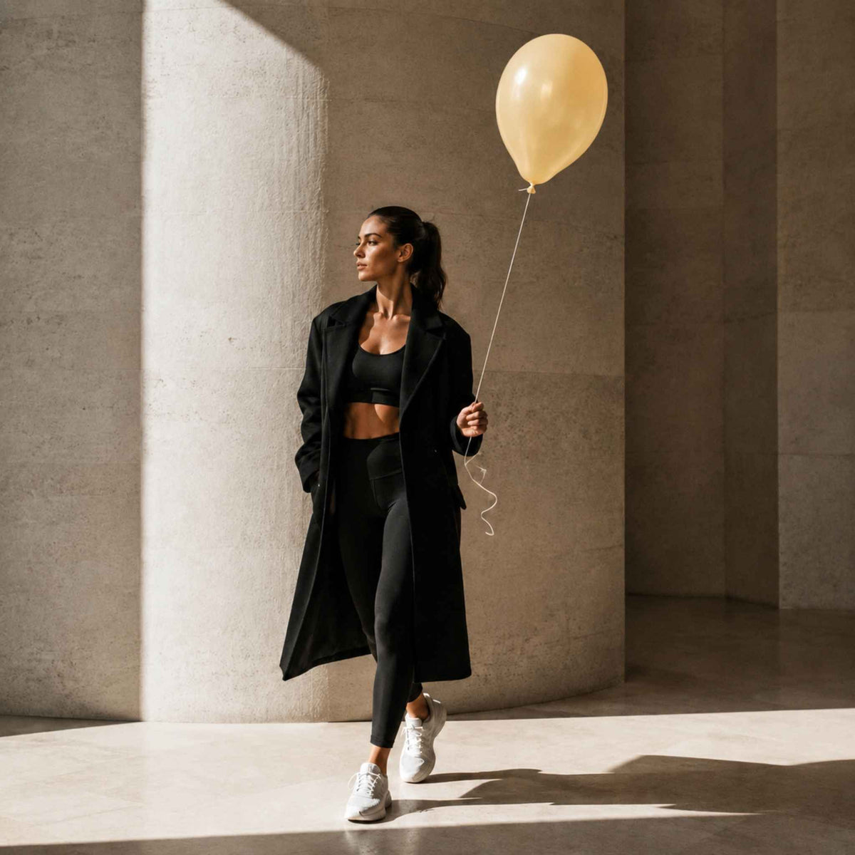A woman in a black athletic outfit with a long black coat walks through a sunlit concrete corridor while holding a pale pink balloon.