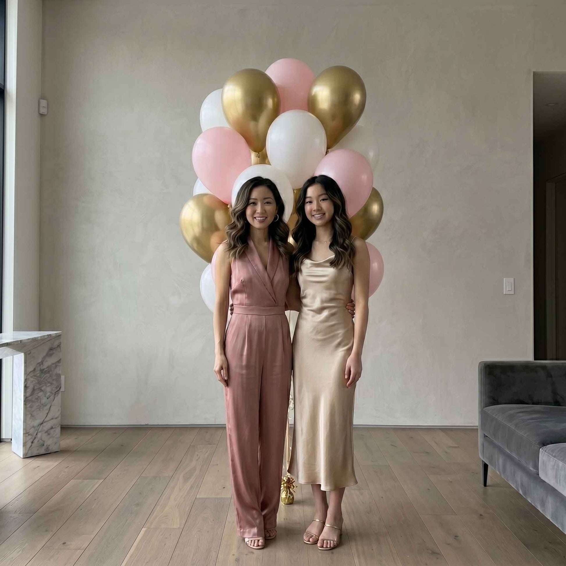 pink, white, and chrome gold balloons in an apartment with woman and daughter standing in front 