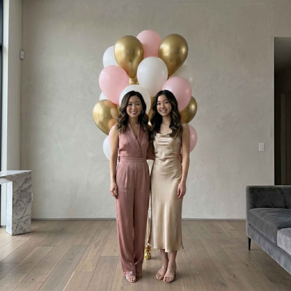 pink, white, and chrome gold balloons in an apartment with woman and daughter standing in front 