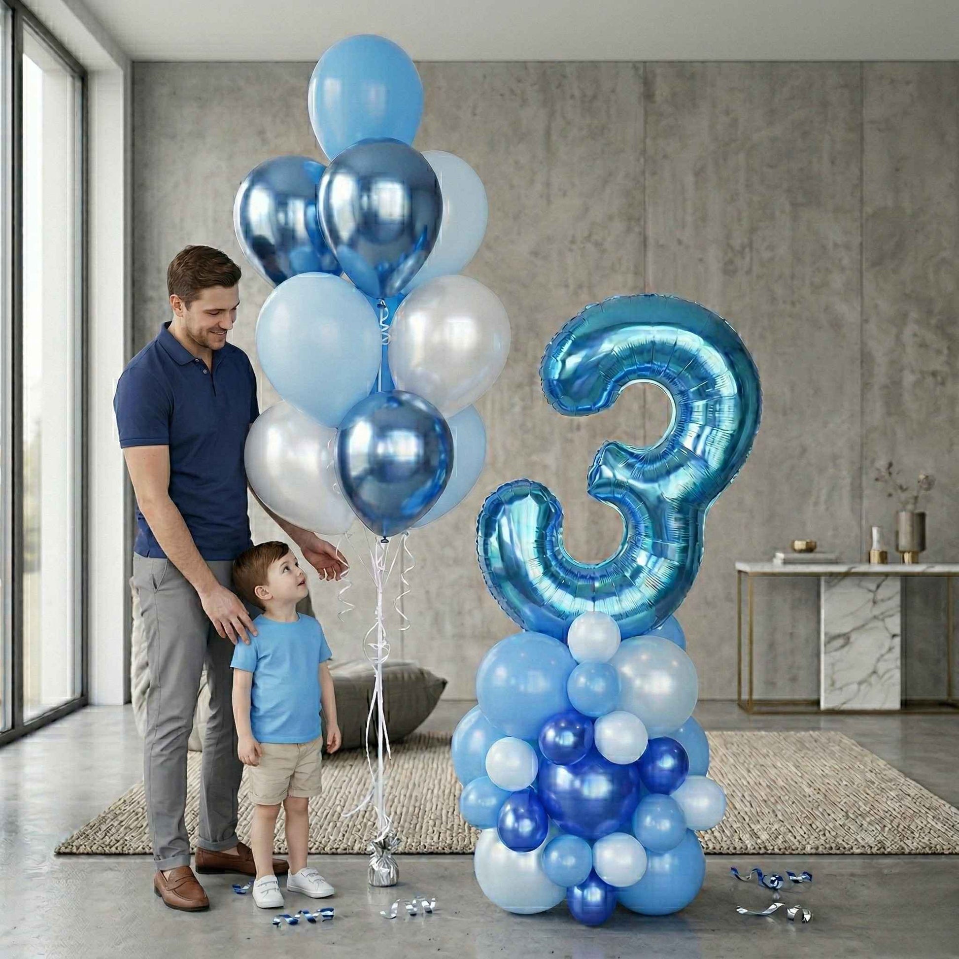balloon bouquet with blue, silver and chrome, with a balloon column and number 3 staged in a luxury house. Father and son.