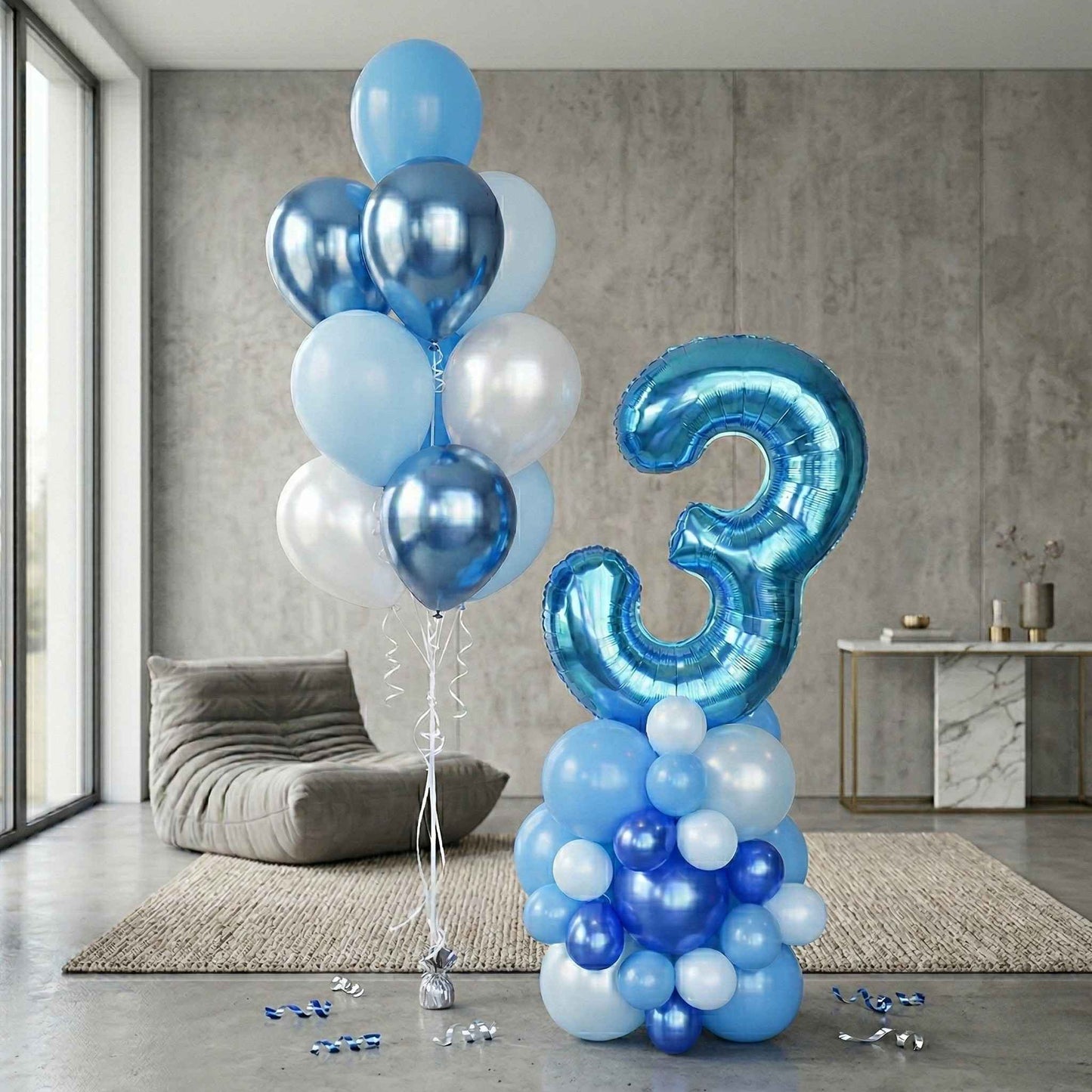 balloon bouquet with blue, silver and chrome, with a balloon column and number 3 staged in a luxury house.