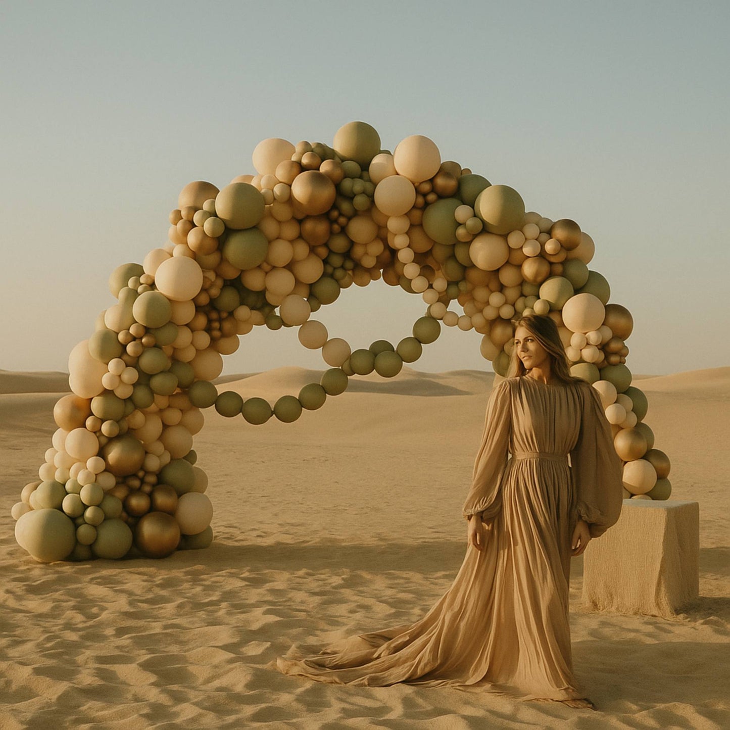 Woman in a beige dress standing in front of a large balloon arch in a desert setting