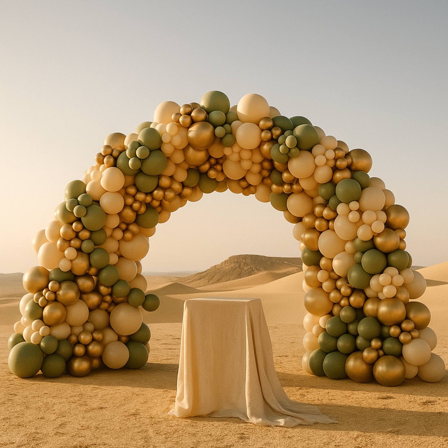 Balloon arch in a desert setting with a table draped in fabric.