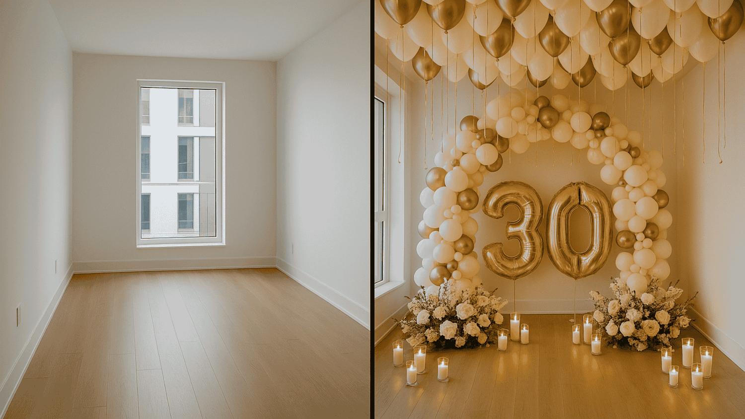 Empty room with a decorated space featuring balloons and '30' numbers.