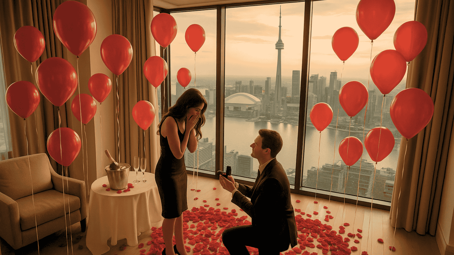 Man proposing to a woman in a room with red balloons and a cityscape view.