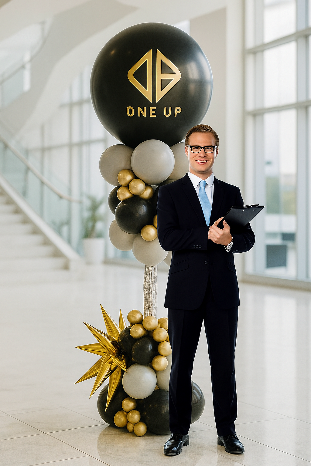 Man in a suit standing next to a balloon arrangement with 'ONE UP' branding in an indoor setting.