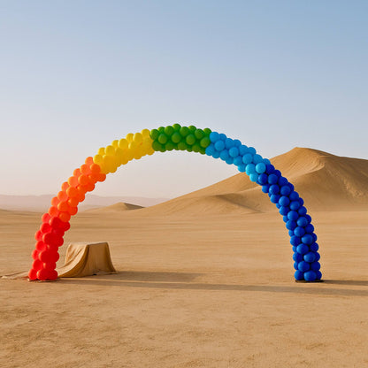 Colorful balloon arch in a desert setting