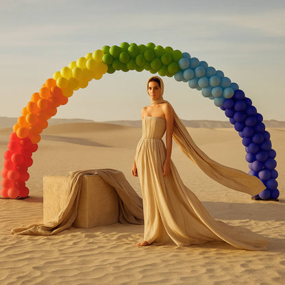 Woman in a long beige dress standing under a rainbow-colored balloon arch in a desert setting.