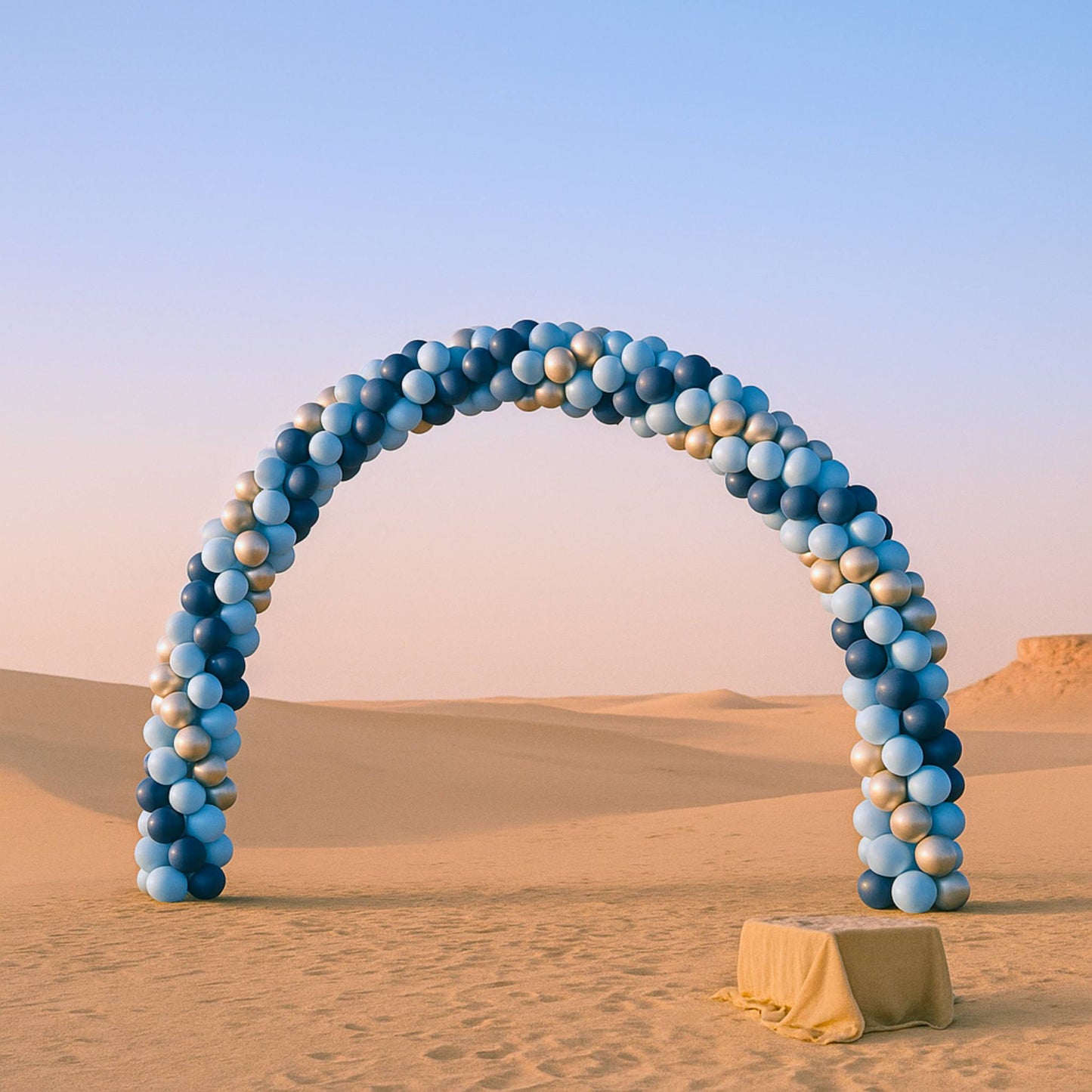 Balloon arch in the desert with a clear sky