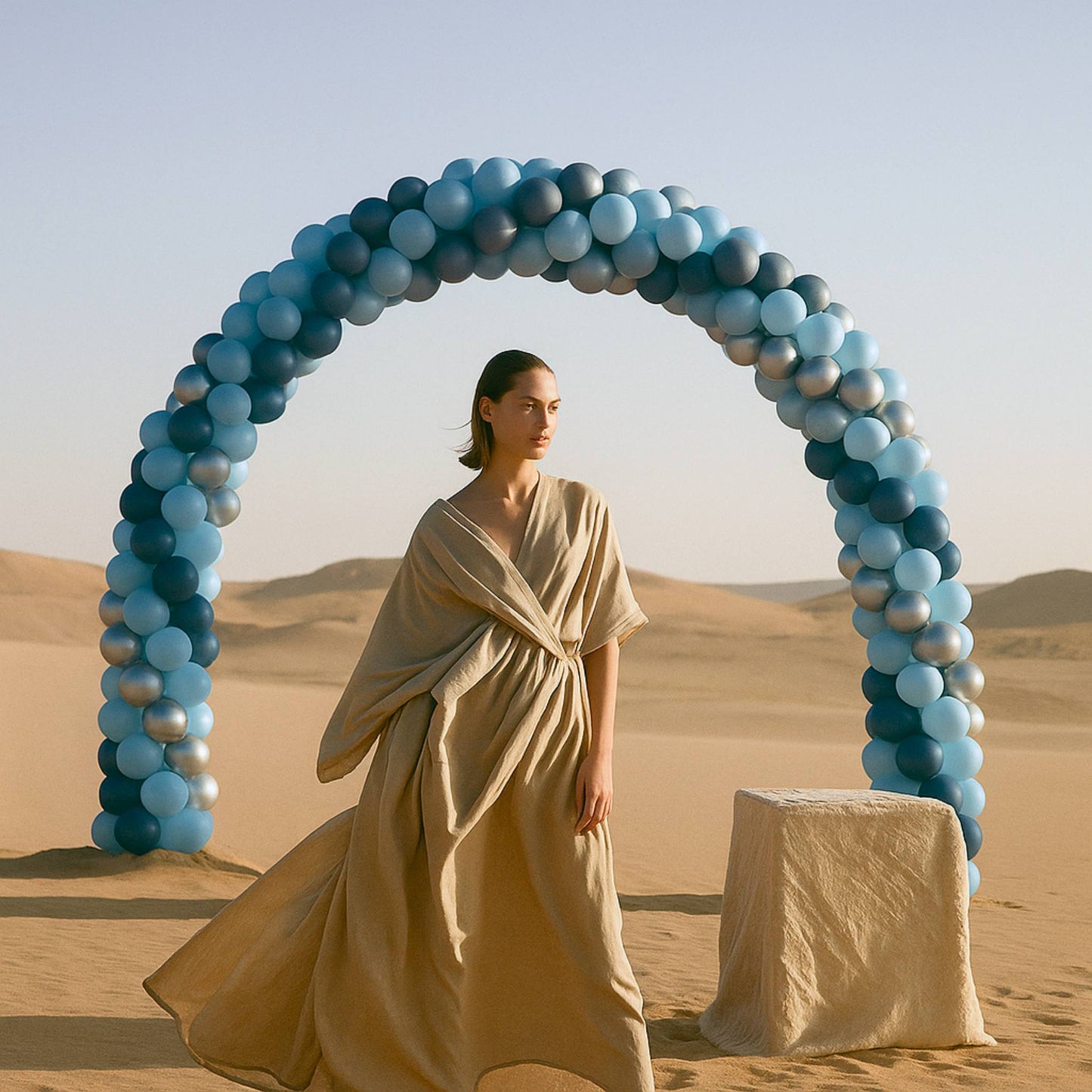 Woman in a beige dress standing in front of a balloon arch in a desert setting