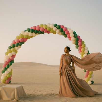 Woman in a long brown dress standing under a colorful balloon arch in a desert setting