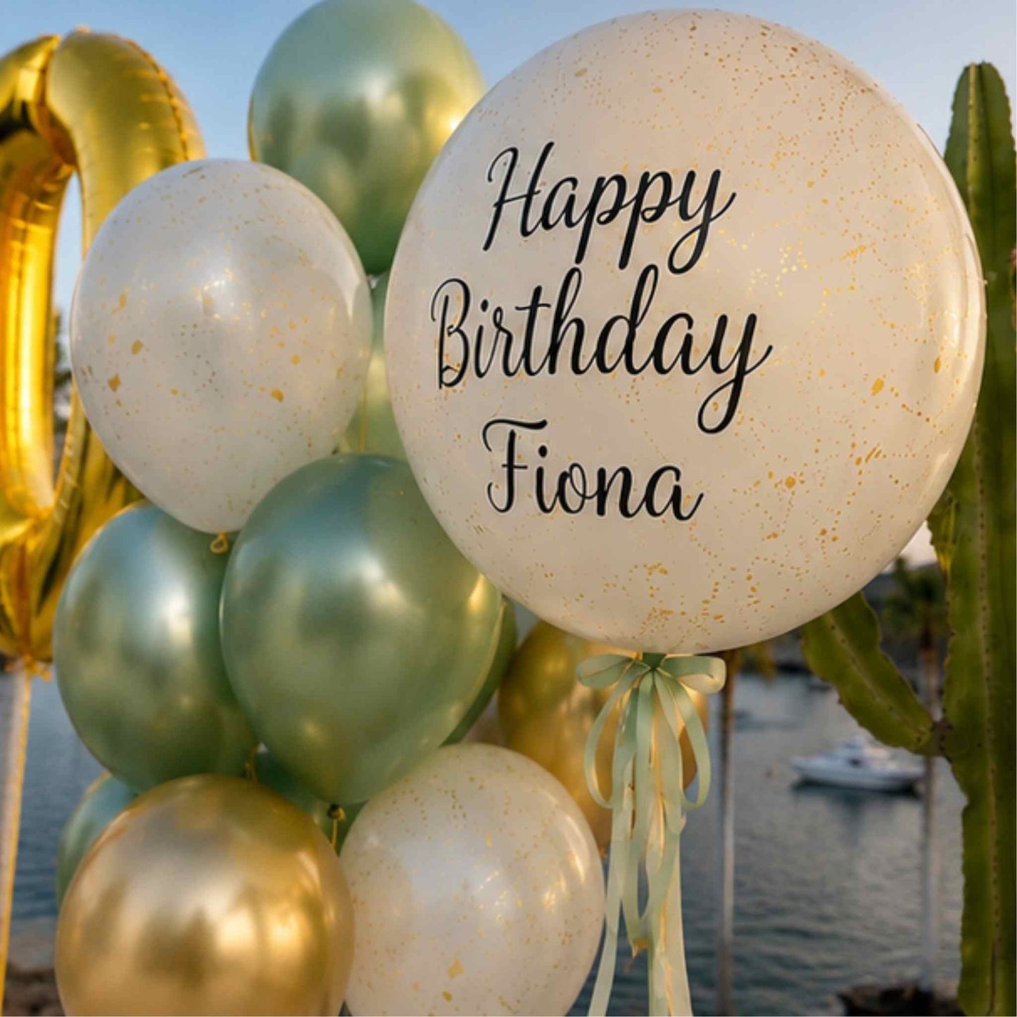 A cluster of metallic balloons in white, sage green, and gold, including a large round balloon printed with 'Happy Birthday Fiona' in black script, set outdoors near water and a cactus.