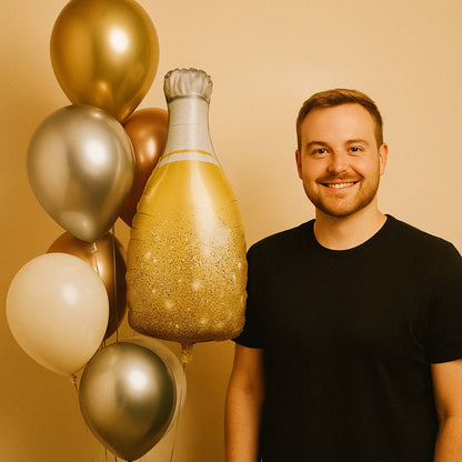 Fathers Day champagne foil balloon bouquet with helium-filled chrome gold, silver, rose gold, white, and clear latex balloons.