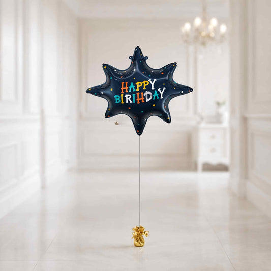 Star-shaped 'Happy Birthday' balloon with a gold bow on a white background
