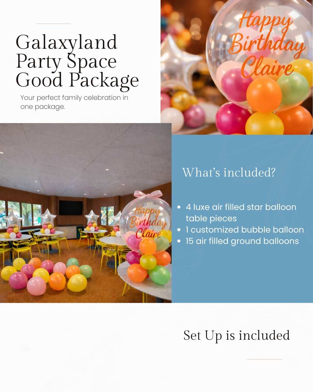 Advertisement for Galaxyland Party Space Good Package with balloons and birthday decorations.