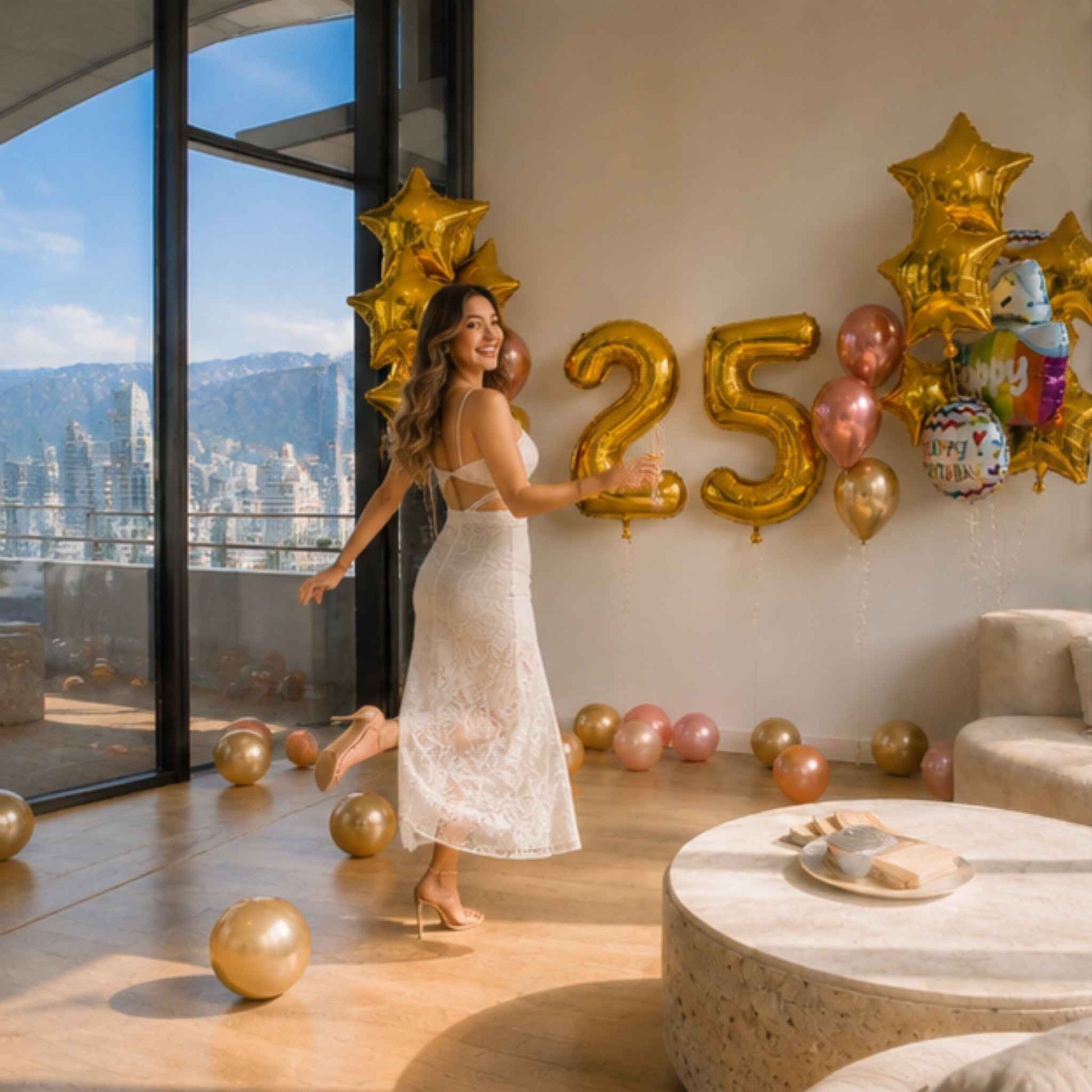 A woman in a white lace dress stands in a modern living room decorated with gold and pink balloons, including large gold '25' balloons and star-shaped balloons, with a city skyline visible through large windows.