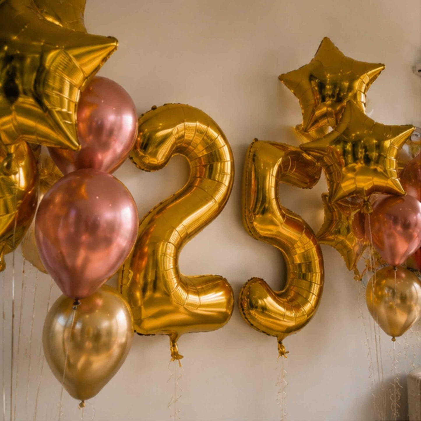 Gold foil number 25 balloons with matching gold and rose gold balloons, arranged against a plain beige wall.