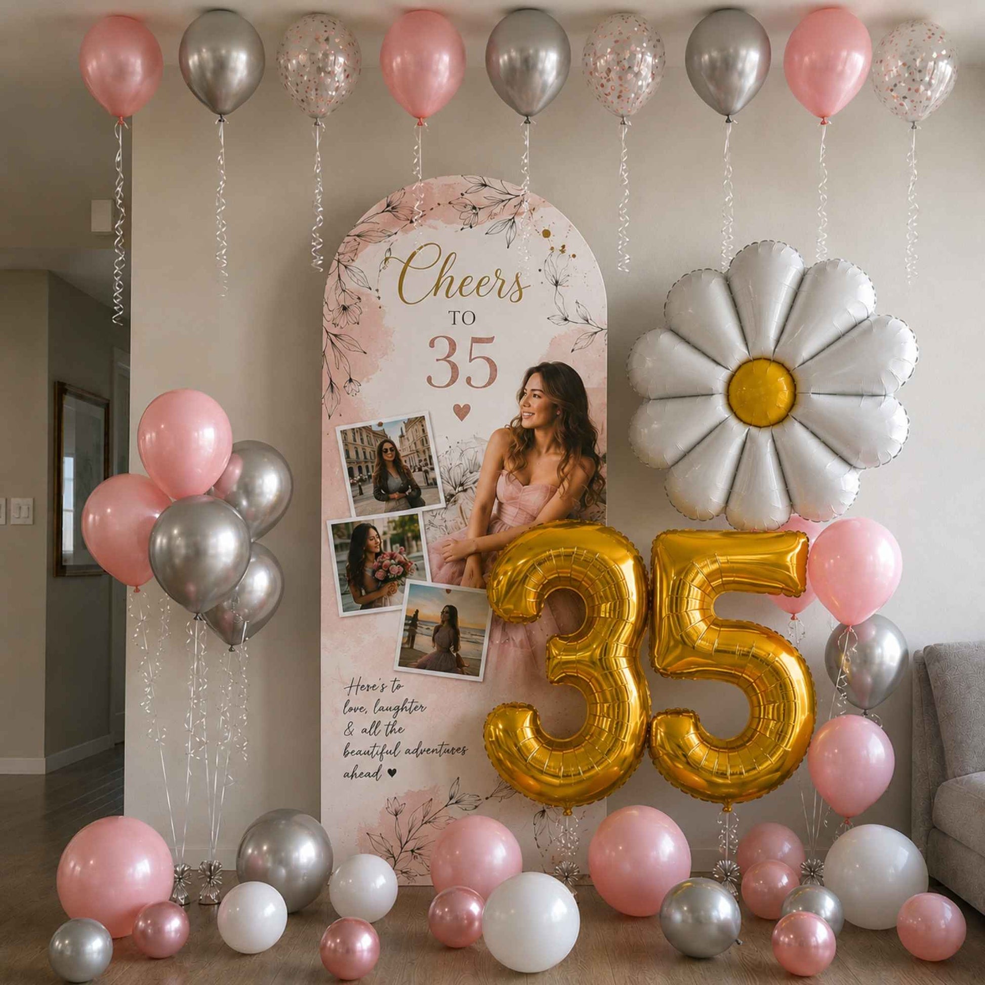 A decorated 35th birthday party backdrop featuring a large gold foil '35' balloon, a white daisy balloon, pink and silver balloons, a floral arch banner reading 'Cheers to 35,' and photo frames on a party backdrop stand in a living room.