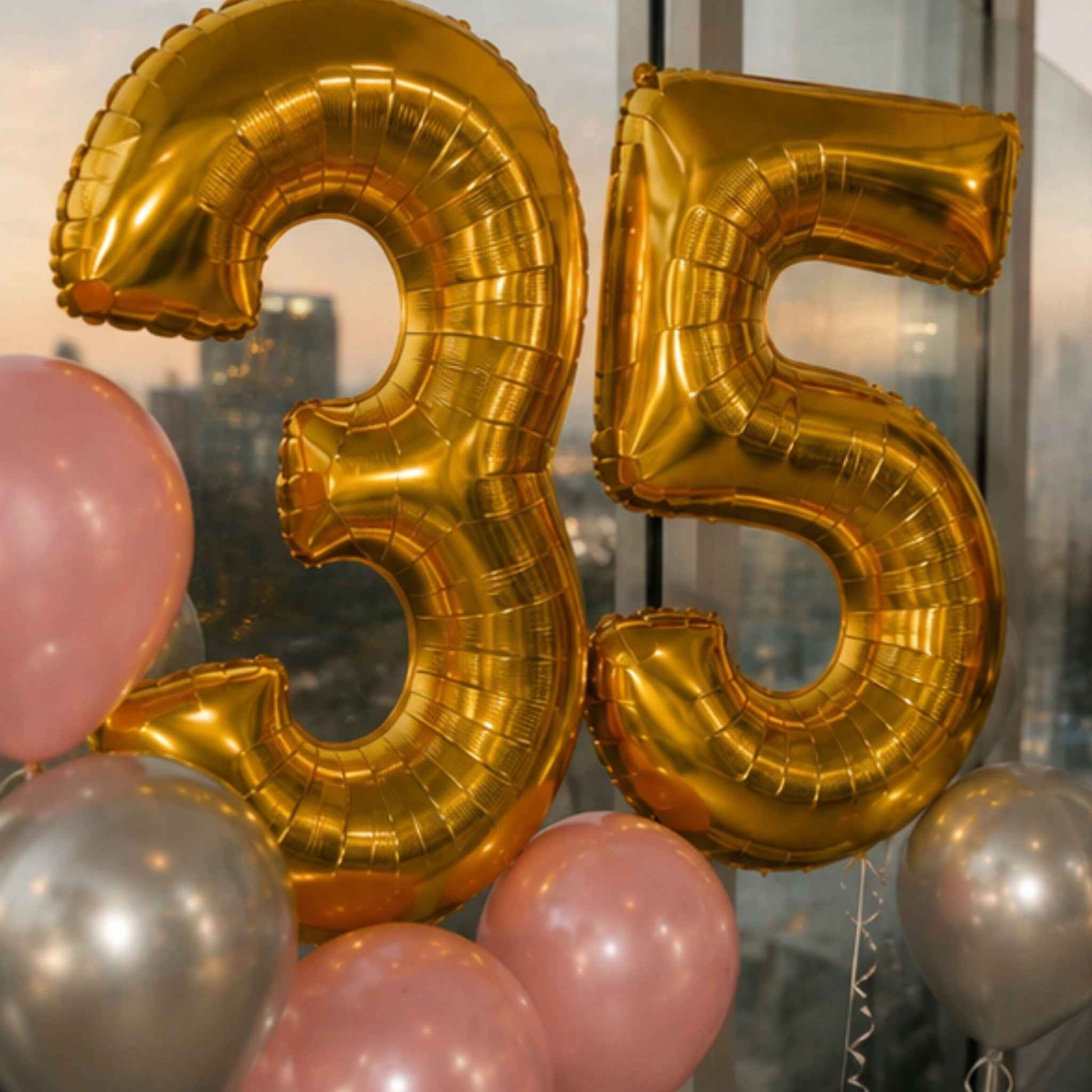 Gold foil number 35 balloon letters displayed with pink and silver latex balloons in front of a window with a city skyline view.