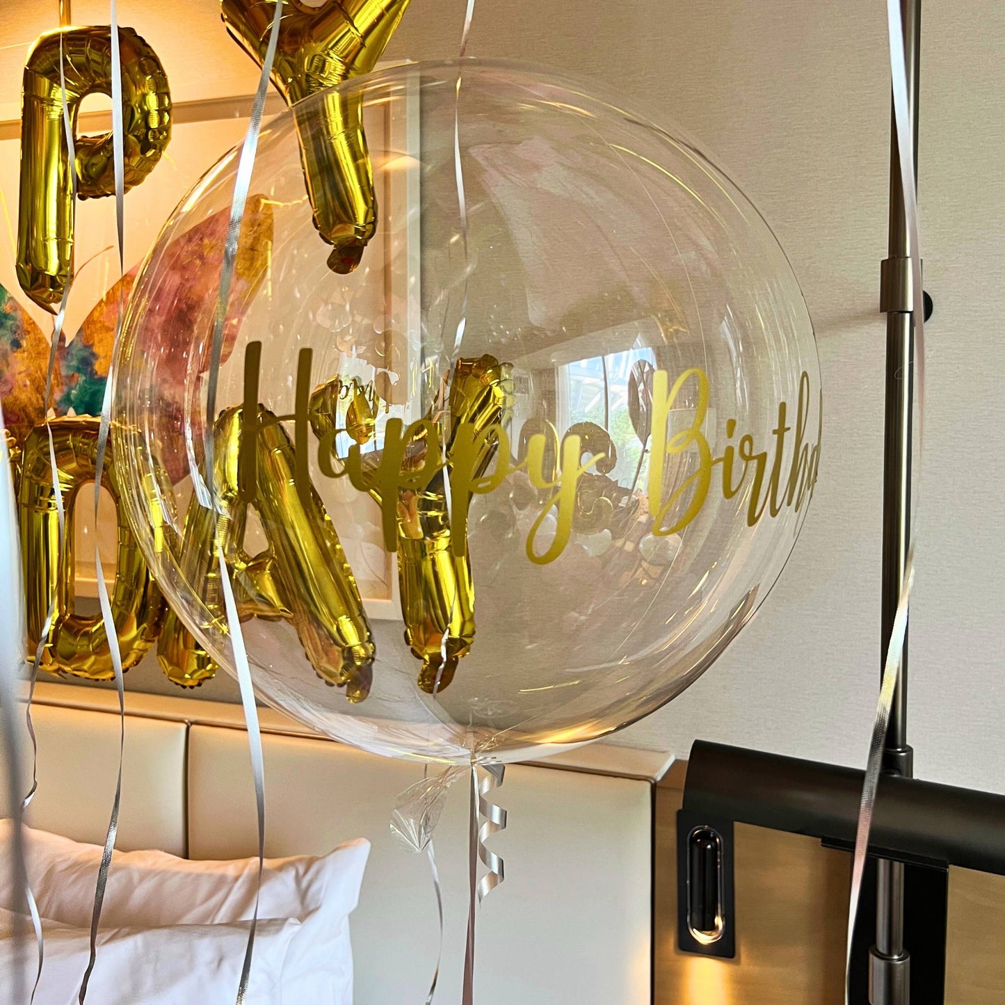 Bubble Balloon with Gold Happy birthday Text
