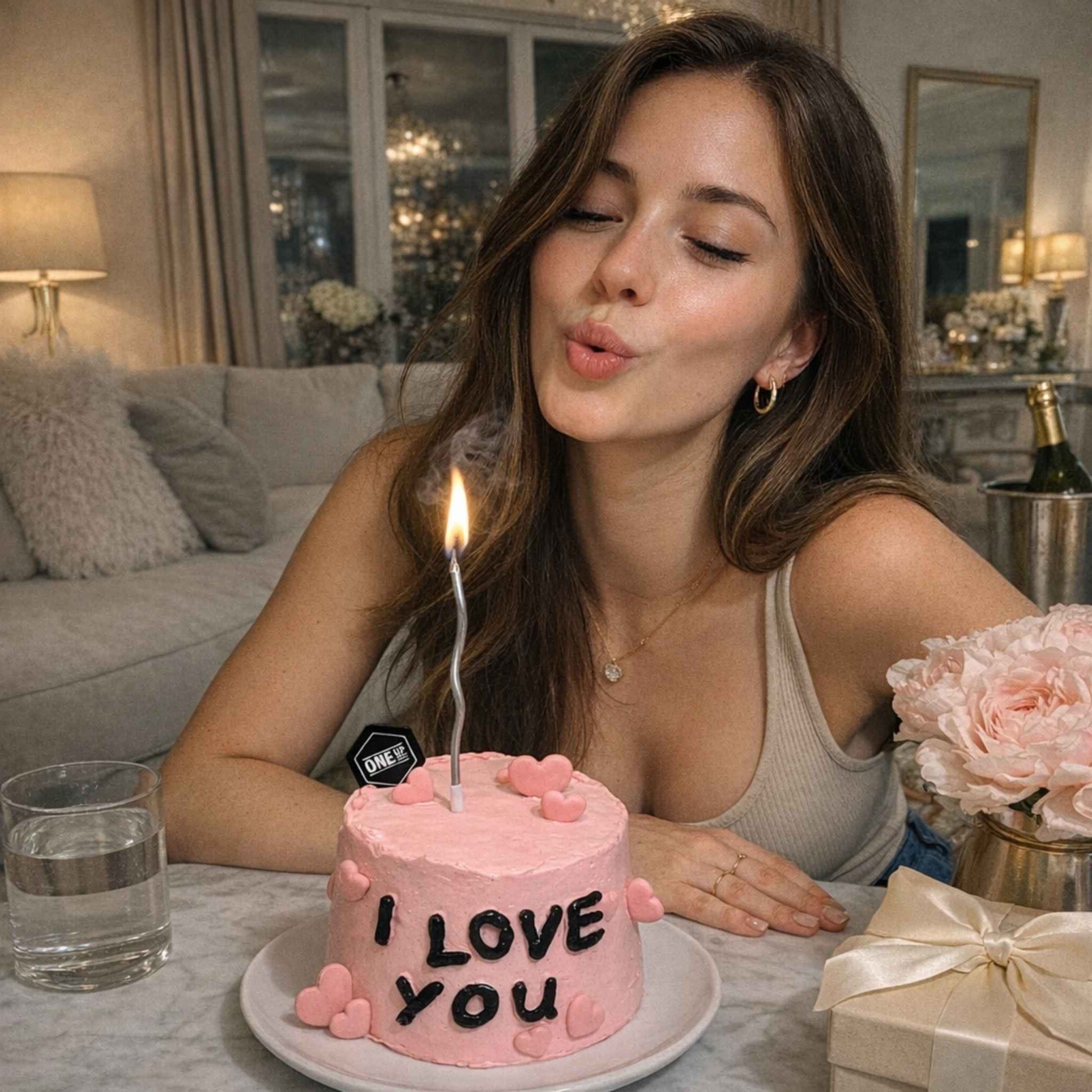 Woman blowing out a candle on a pink cake with 'I LOVE YOU' text in a cozy indoor setting.