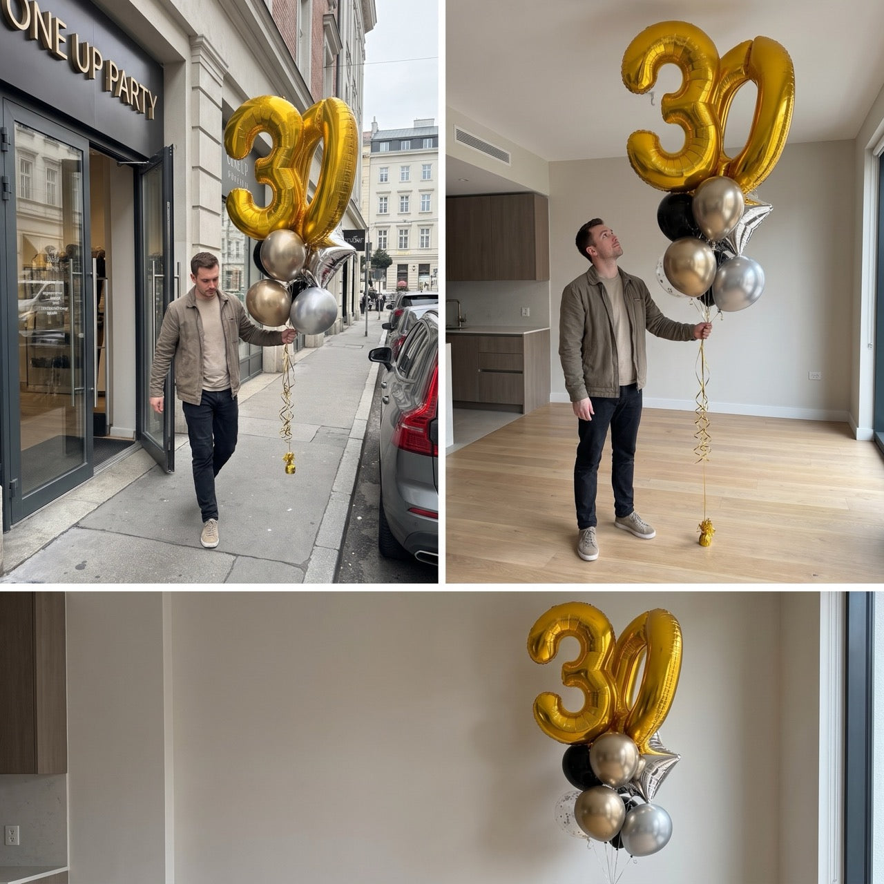A collage of three photos showing a large metallic gold '30' balloon and a cluster of black, white, and silver balloons tied to a wall or held by a man in an indoor room. The top-left panel shows the balloons outside a storefront with a man walking by; the top-right panel shows the balloons inside a bright room with a man standing there; the bottom panel is a close-up of the balloon cluster against an indoor wall.