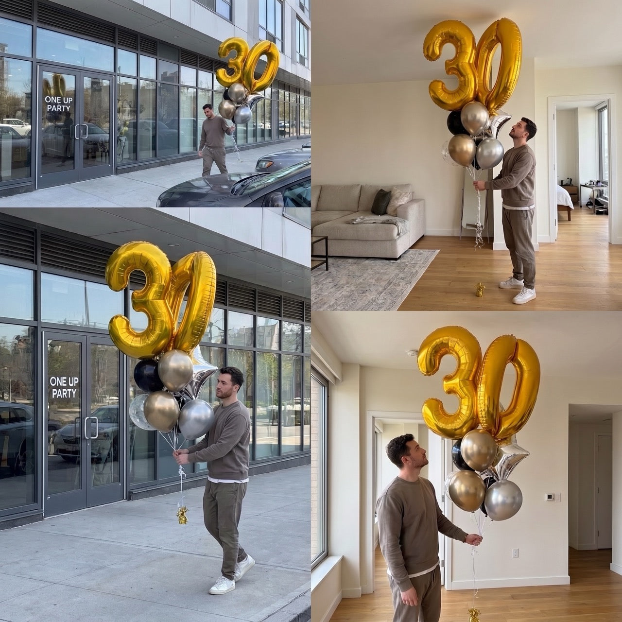 A four-panel collage showing a man holding a large gold '30' balloon decoration with smaller black and metallic silver balloons in two outdoor storefront settings and two indoor apartment settings. The storefront panels show a building entrance with 'ONE UP PARTY' signage and a car parked outside.