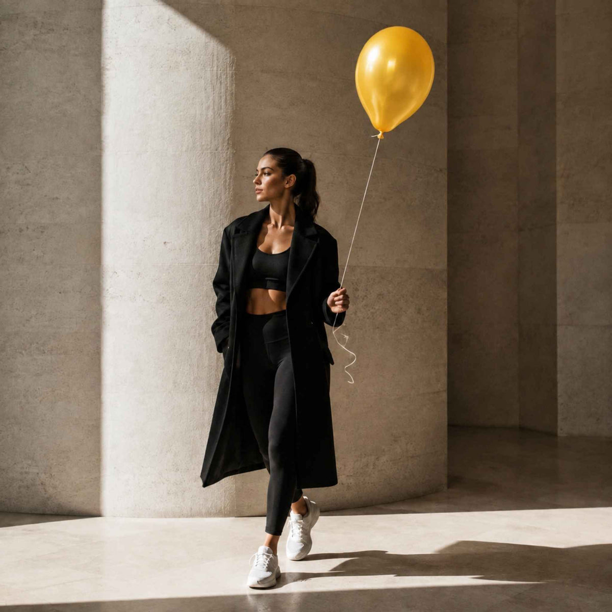 A woman in a black activewear set and long black coat walks through a sunlit concrete corridor while holding a large gold balloon.