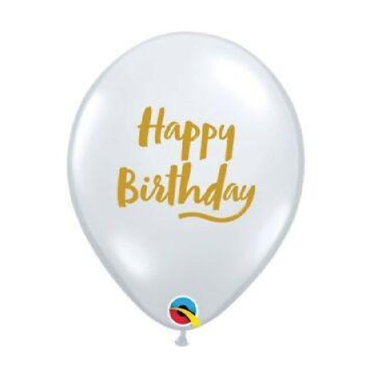 11 inch helium filled Clear Gold Script Happy Birthday Latex Balloon