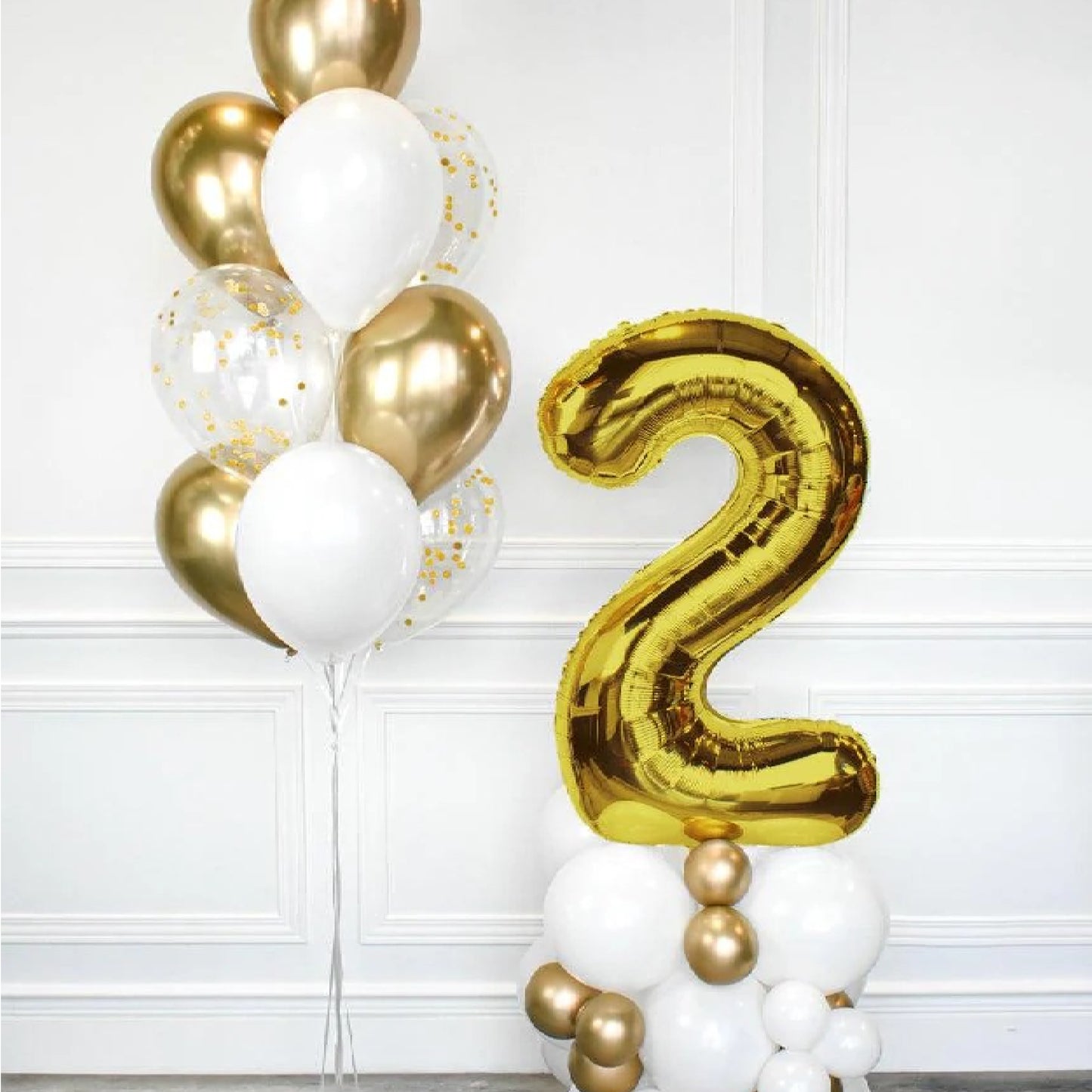 Gold Foil Number Balloon Column with Chrome gold confetti white latex balloon bouquet