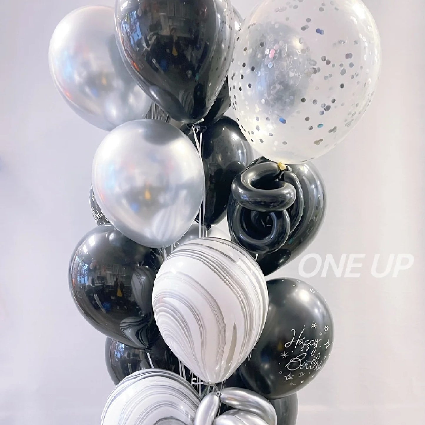 Super Cool Black and white marble confetti helium birthday balloon bouquet