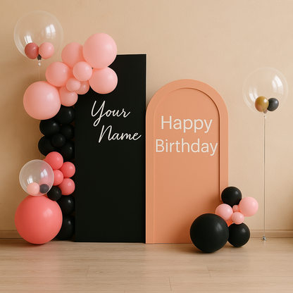 pink and black happy birthday panel backdrop with balloons