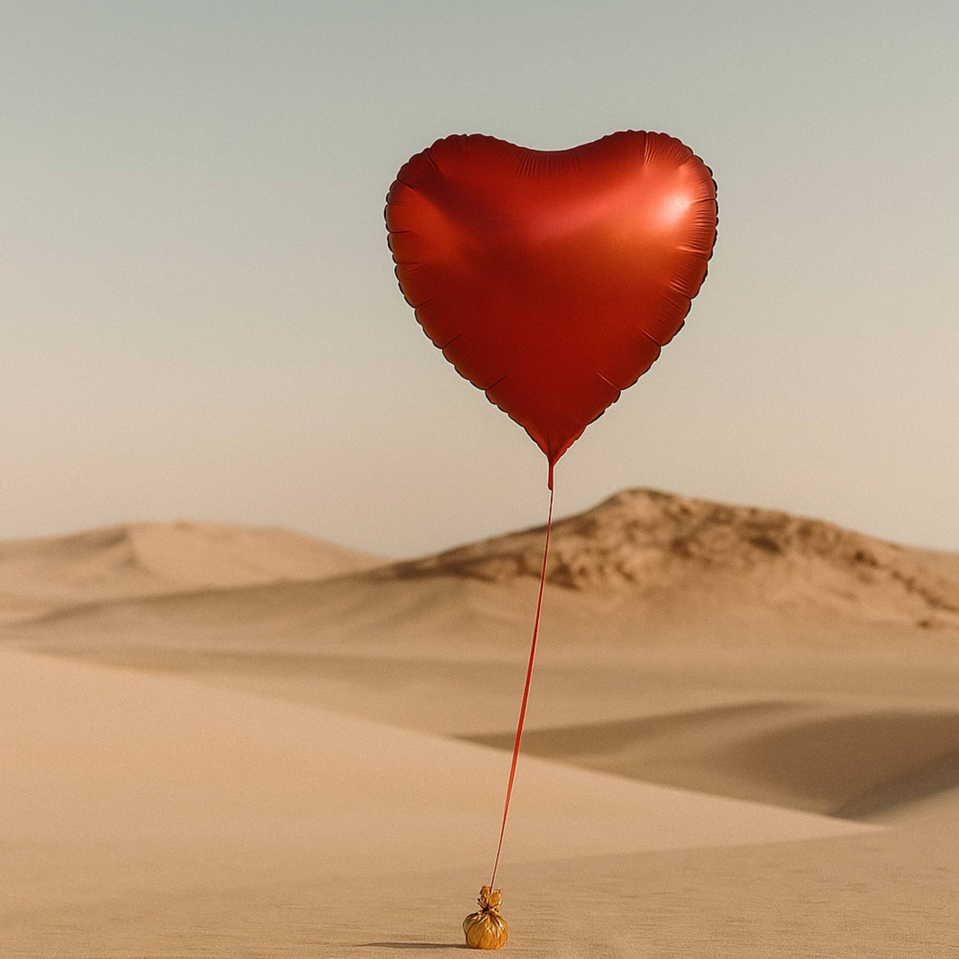 Red heart-shaped balloon in the desert