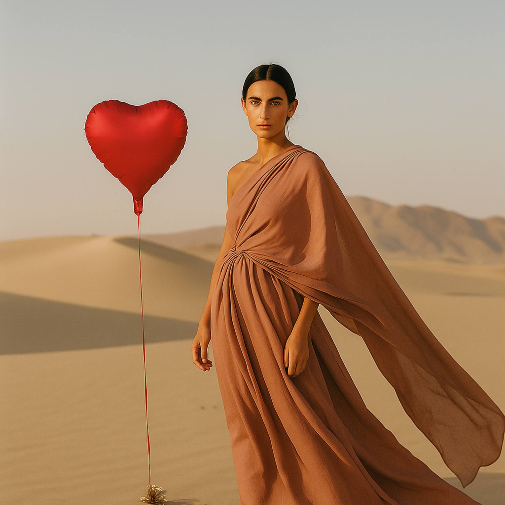 Woman in a flowing dress holding a red heart-shaped balloon in a desert setting