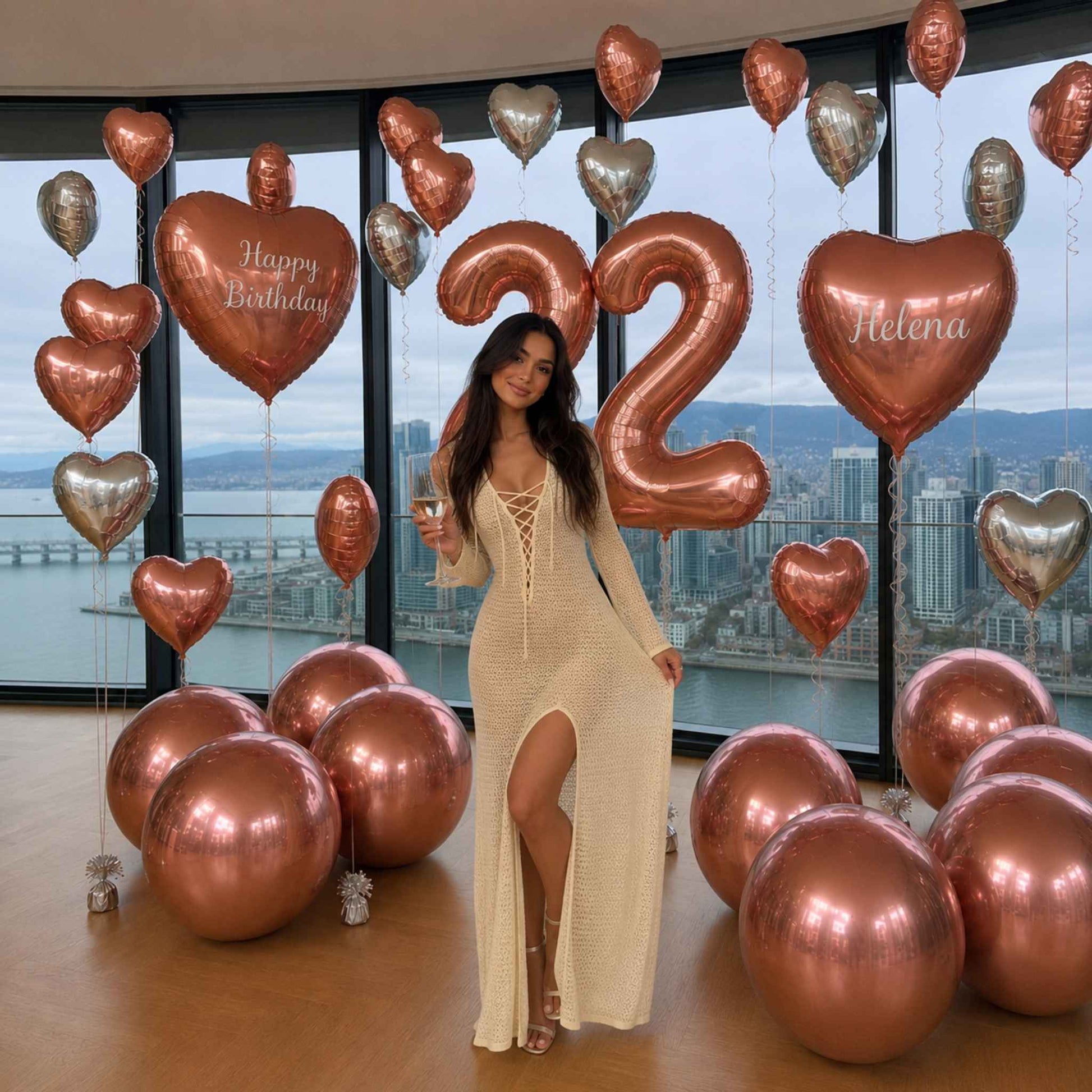 A woman in a cream lace-up maxi dress stands in a room decorated with metallic rose gold and silver balloons, including a large number 2 balloon, a 'Happy Birthday' balloon, and a heart balloon reading 'Helena'.