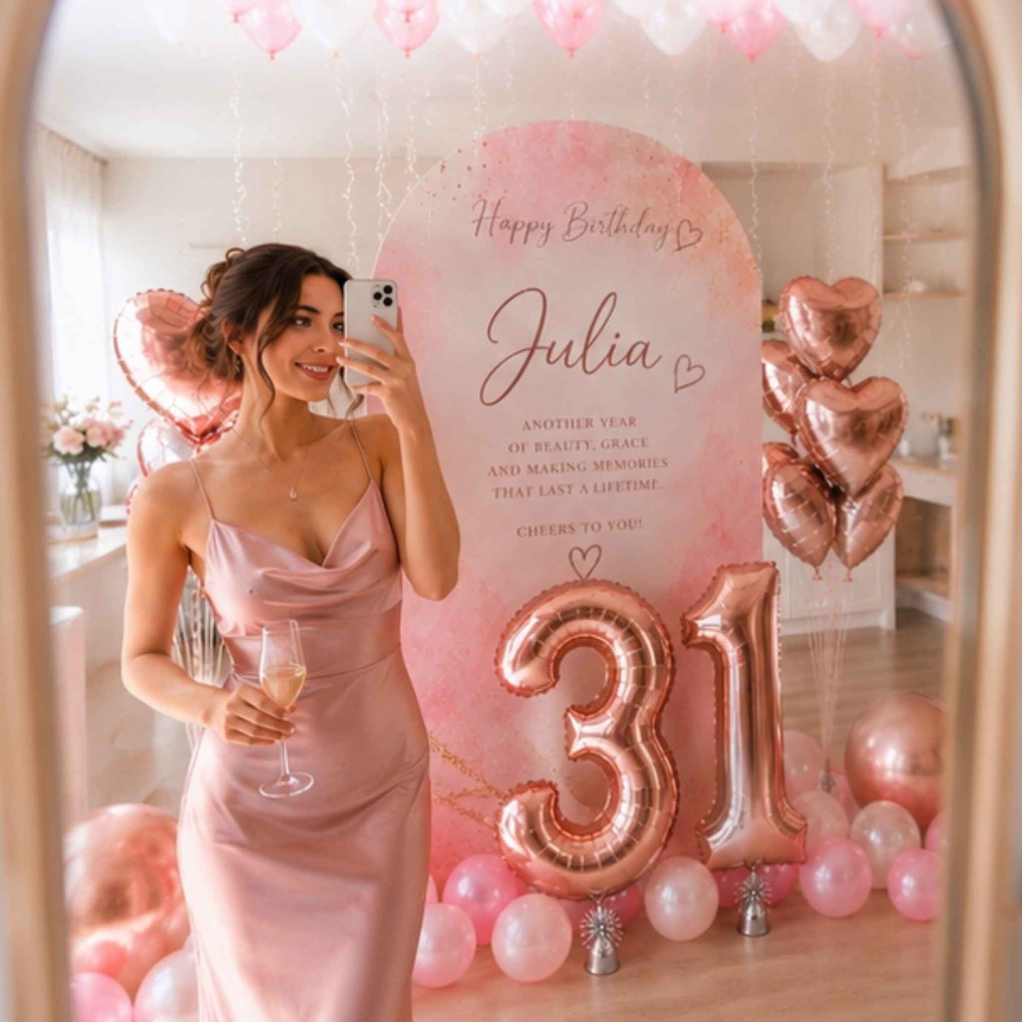 A woman in a blush pink satin gown takes a mirror selfie in a decorated birthday room. The setup features a large pink watercolor backdrop with the text 'Happy Birthday Julia' and '31', surrounded by pink and rose gold balloons.