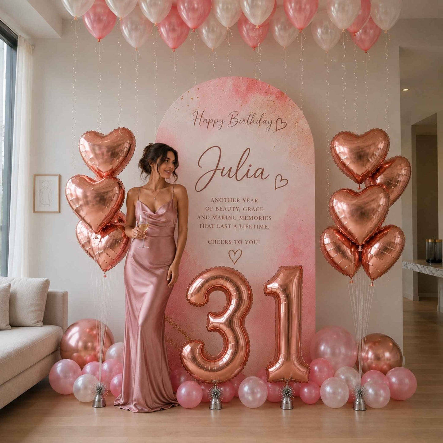A woman in a satin pink gown stands in a decorated room with a large pink arch backdrop, heart-shaped balloon clusters, and metallic number 31 balloons. The arch reads 'Happy Birthday Julia' and 'Another Year of Health, Grace and Wisdom Memories that Last a Lifetime Cheers to You!'.