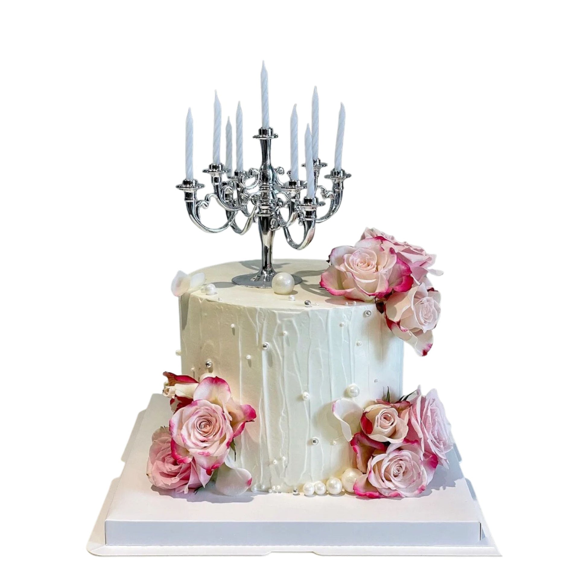 White birthday flower rose candle custom cake pink 