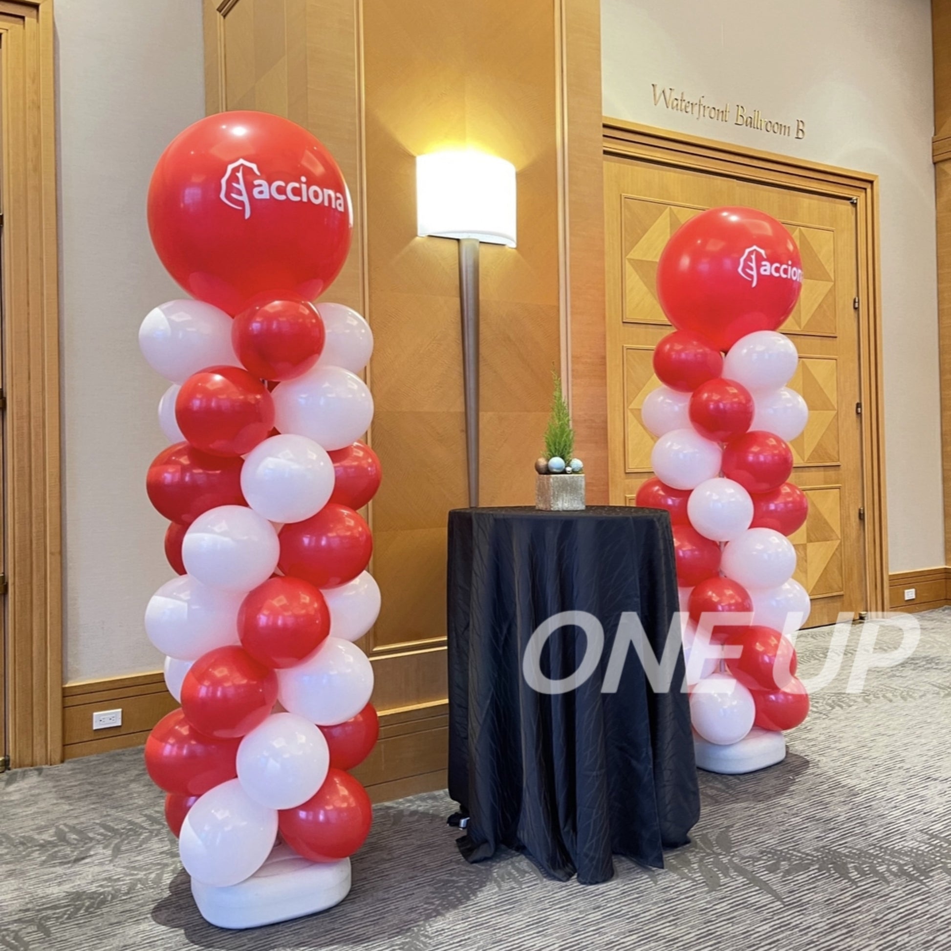 Custom corporate event red white balloon logo column