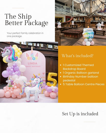 Unicorn-themed birthday setup with balloons and decorations in a library setting.