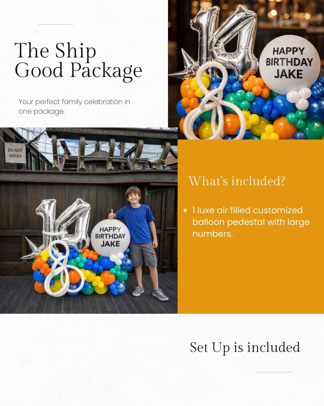 Promotional image for a birthday celebration package with balloons and a boy standing next to them.